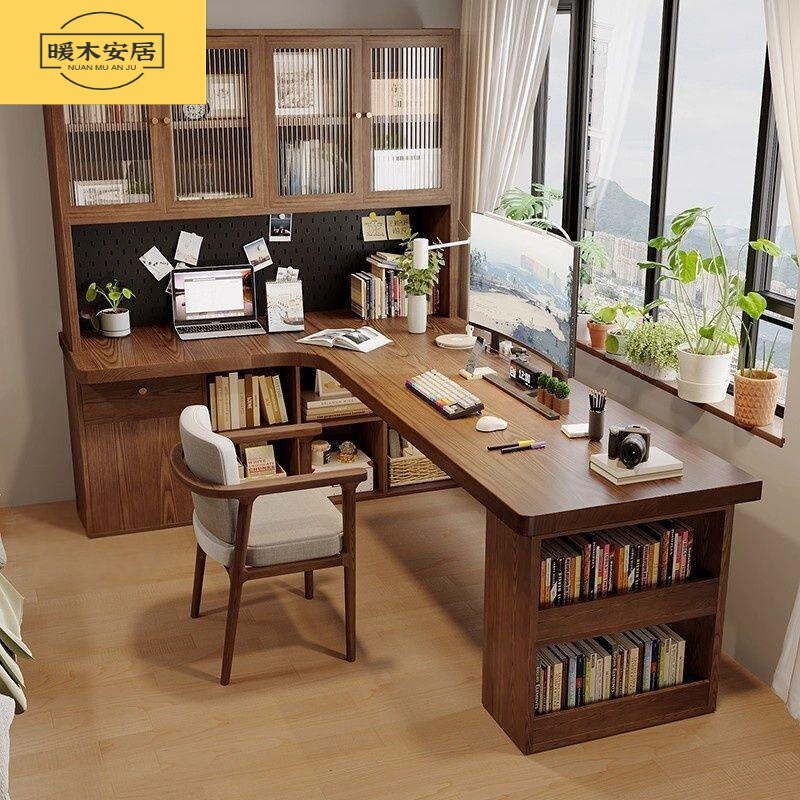Solid Wood Corner Desk with Integrated Bookcase, Computer Desk, Study Desk, Bedroom Study Desk, Writing Desk with Side Storage Cabinet