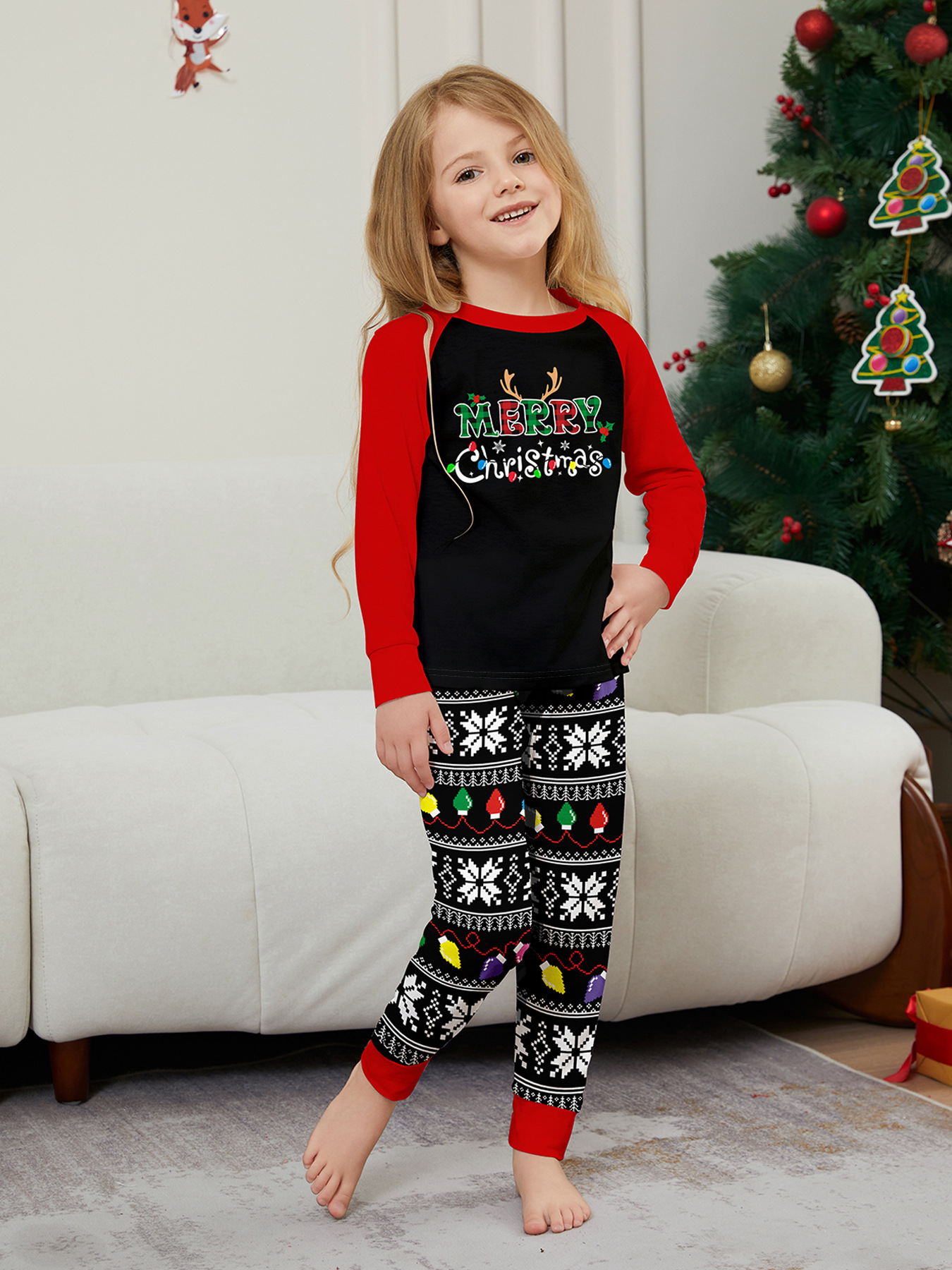 Pyjama imprimé pour la maison avec lettres de Noël et rayures en flocons de neige_voghion.com