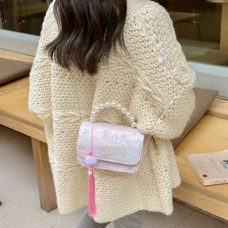 Bolsas de niños nuevas bolsas de mano de perlas de estilo nacional, bolsas de cadena de arco de bordilla princesa, bolsas de hombro de moda nacional de niñas lotes