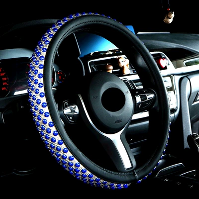 Direct factory wholesale cross-border pearl and diamond-studded car steering wheel cover, summer ice-bead anti-slip car interior handle cover (Steering wheel cover) - sapphire-blue-pearl-38cm