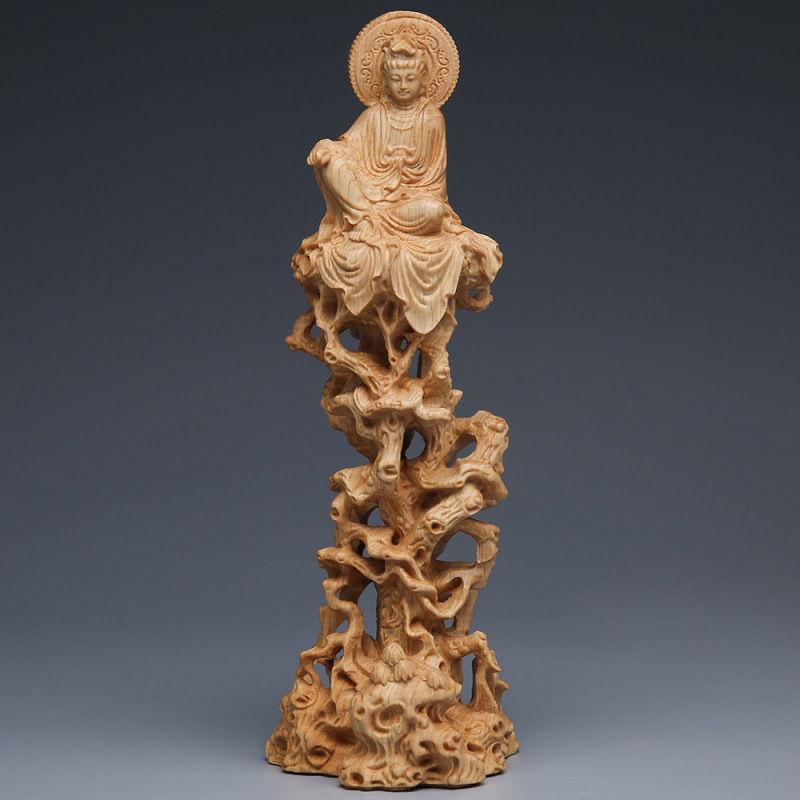 崖柏坐树藤观音像摆件 木质工艺品客厅实木雕刻自在观音菩萨