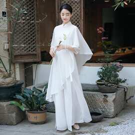 中式改良飘逸禅意茶服仙气披肩春夏女装中风禅修班服时尚套装