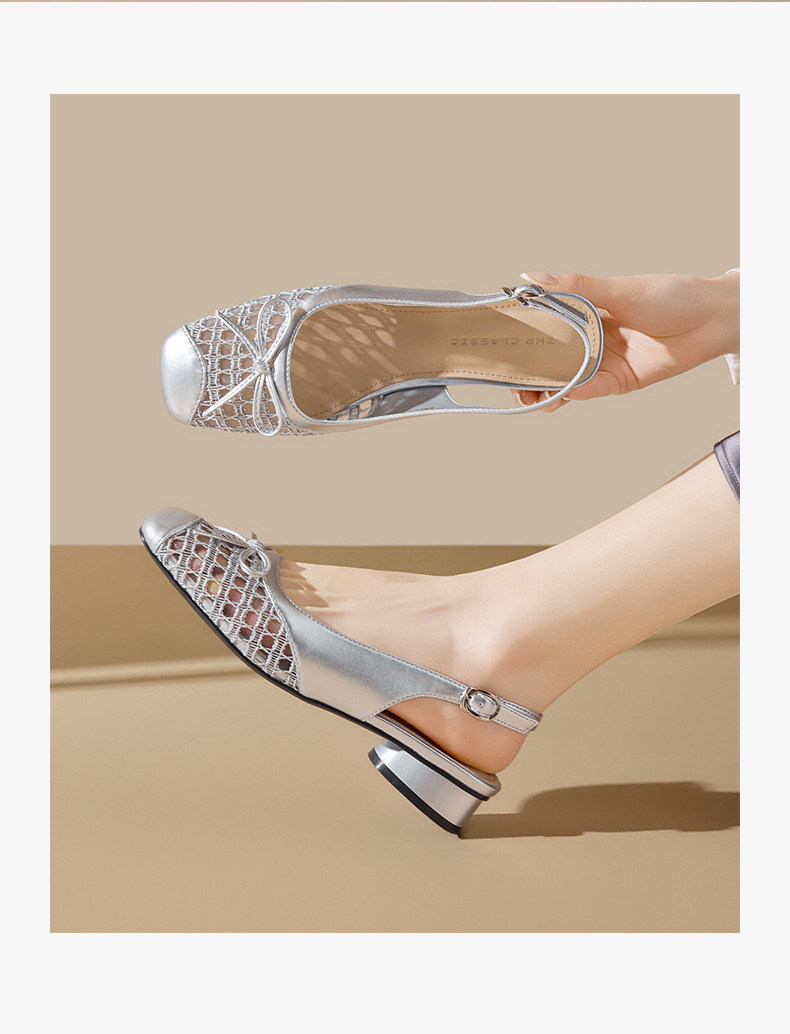 Sandal nữ mũi tròn quai ngang nơ bướm cổ điển, gót thấp thoáng khí — CV21 Bạc chi tiết 17