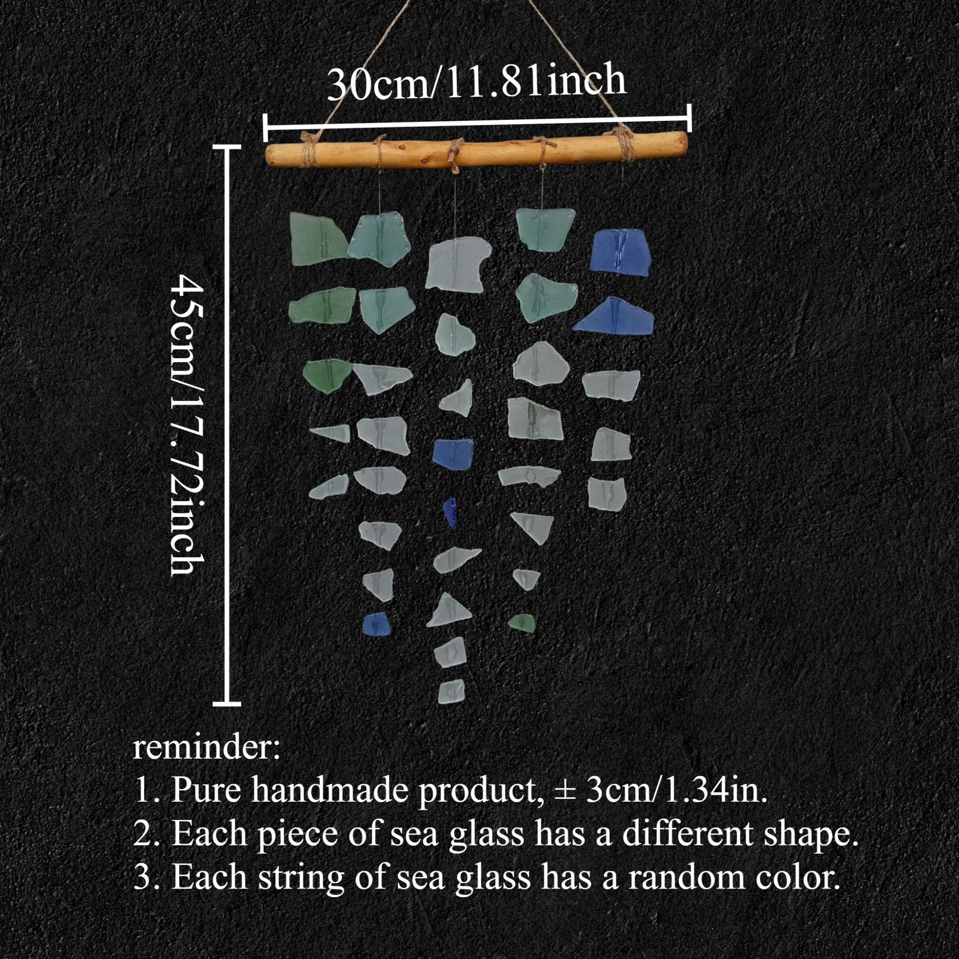 Clopoțel de vânt boho din sticlă de mare și lemn plutitor_voghion.com