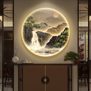 新中式入户门玄关装饰画流水生财圆形山水挂画寓意好走廊过道壁画-阿里巴巴