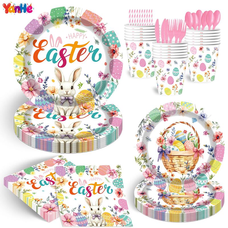 Easter-themed paper plates, disposable paper cups, napkins, festive party tableware, straws, knives, forks, and spoons