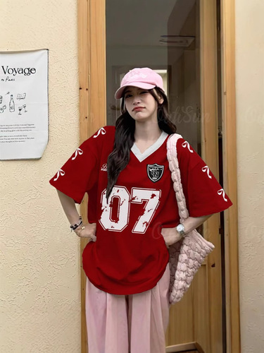 American-style high street casual sports baseball collar contrasting color short-sleeved long-sleeved T-shirt women's summer loose-fitting printed half-sleeved top