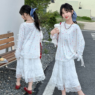 Girls Summer Suit 2025 New Kidsren's Summer Style Lace Vest Girls Wide Leg Pants Two-Piece Trendy Set