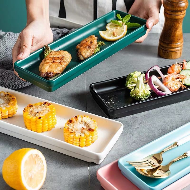 壽司盤子家用陶瓷長條盤菜盤西餐盤長方形平盤黑色點心盤餐具代發