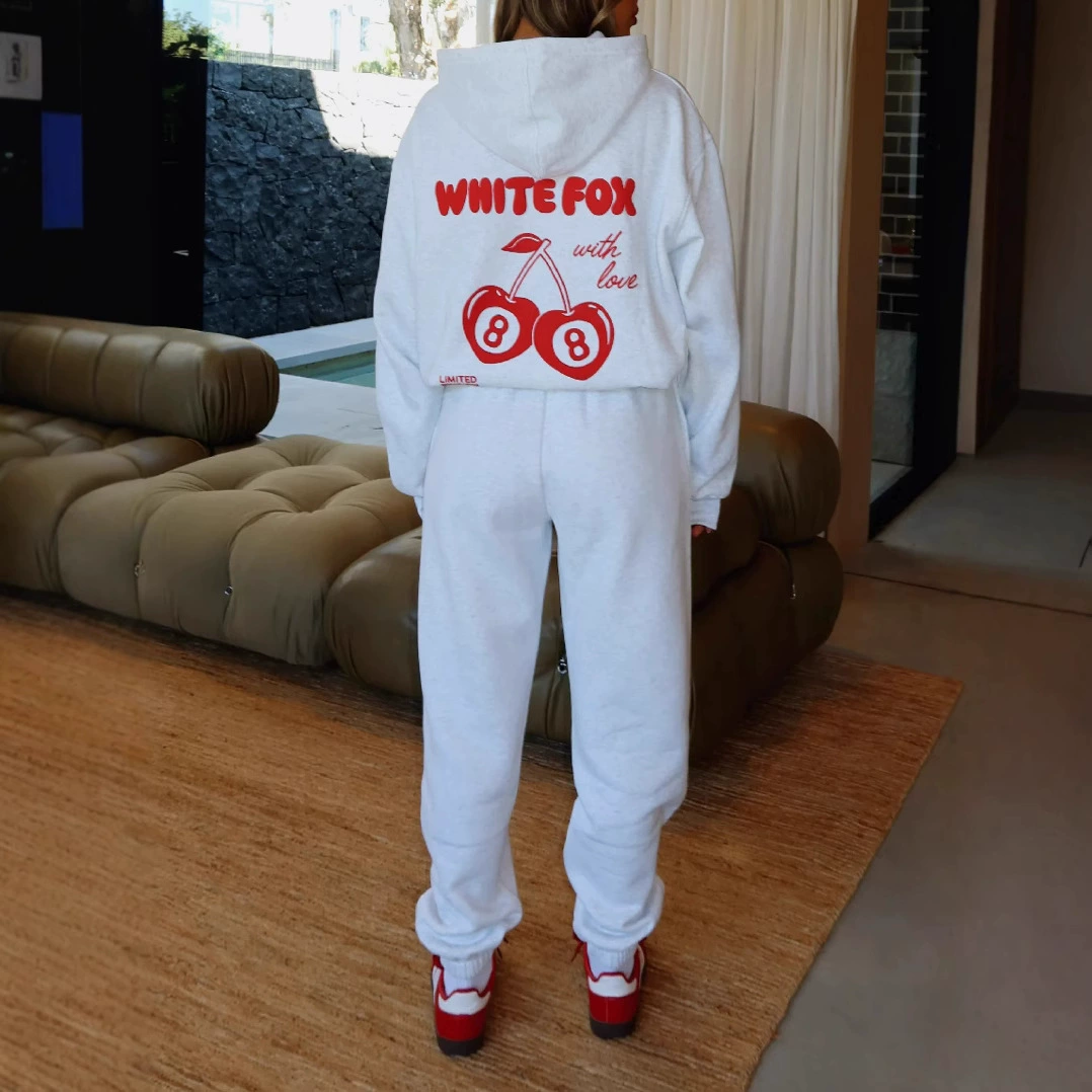 Трансграничный новый свитник набор осенью и зимой плюс бархатная мода спортивный чехол с капюшоном с принтом вишневые брюки набор из двух частей