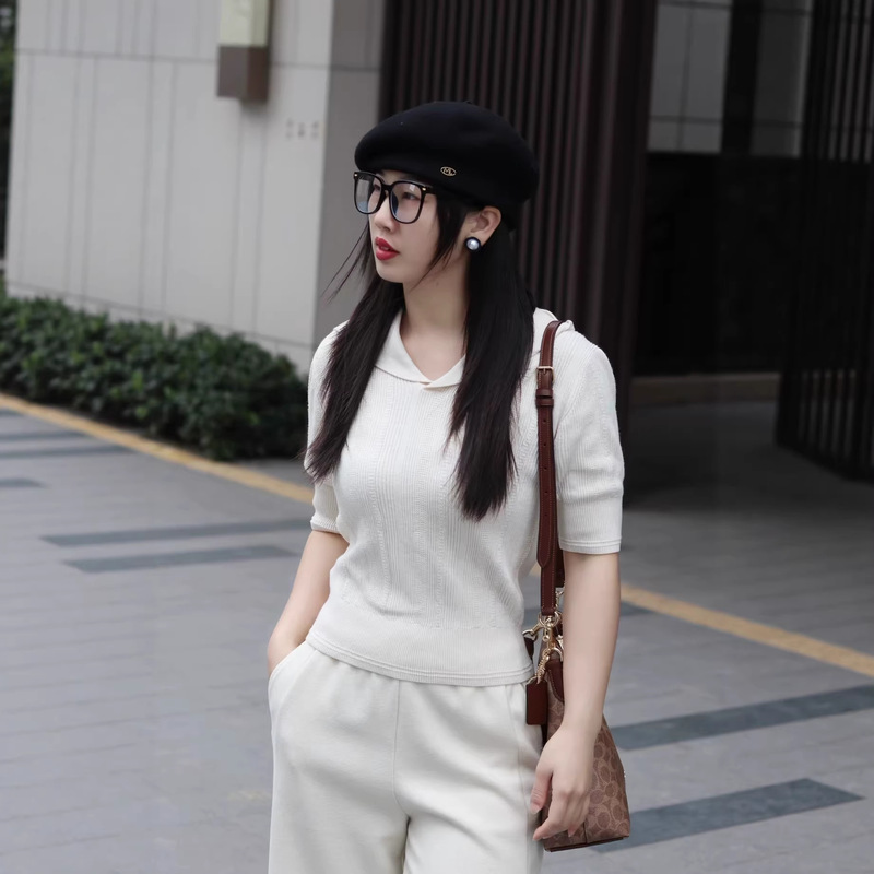 Cs Women's Clothing Sailor Collar Short-Sleeved Top Ribbed Knitwear Short-Sleeved T-Shirt 2026 Spring New Product 1323996001