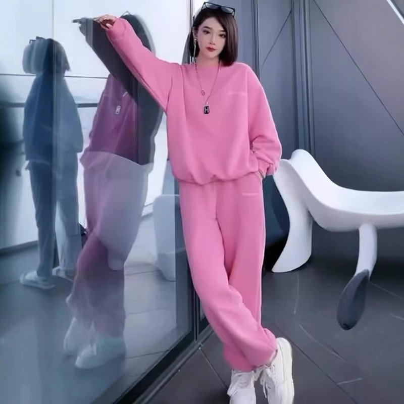 Orange and Pink Casual Sports Sweatshirt Set for Women 2026 Autumn and Winter New Style with Fleece and Thickened Fashion Two-Piece Set