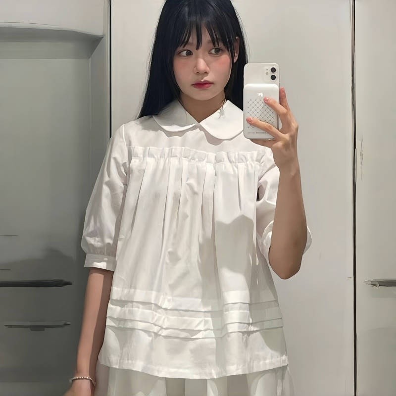 CDG KZYU 25春夏新款日系娃娃领衬衫宽松短袖休闲百搭上衣女款潮|undefined
