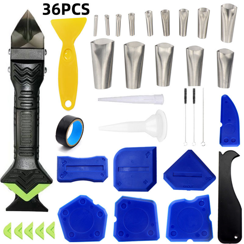跨境36件套美缝工具不锈钢胶嘴填缝喷嘴涂抹器刮胶器刮板刮刀密封
