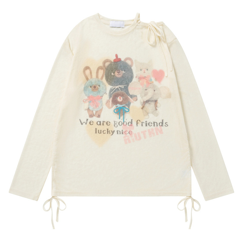 Men's Clothing Sweet Style Cute Bear Off-Shoulder Blouse Long-Sleeve T-Shirt Women's Loose Drawstring Waist Lazy Slightly Sheer
