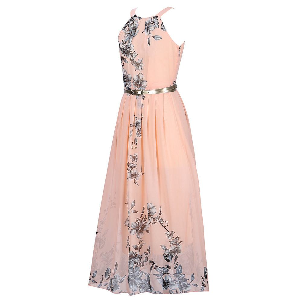 Sleeveless Lace Waist Floral Printed Dress With Belt NSHYG111320