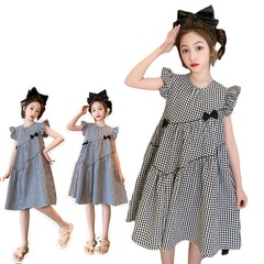 Girls Summer Dress Thin Children's Clothes Retro Plaid Skirt 2024 Lace Sleeves Plaid Bow Princess Dress