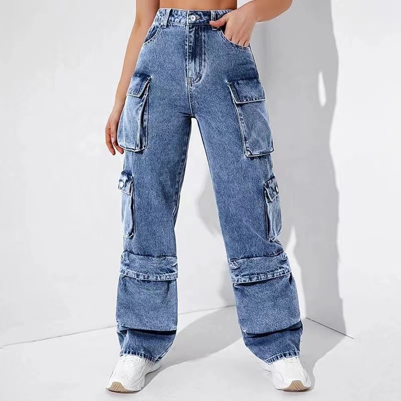 Origen Fabricante 2025 Vaqueros de mujer Monos de trabajo Pantalones de mujer con bolsillo abatible de cintura alta Pantalones de mujer ajustados sueltos image 3