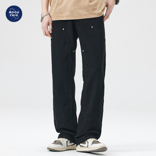 Muqiu Men's Wear ∠ American High Street cleanfit Logging Jeans Men's fleece-lined Thickened Loose Straight Pants