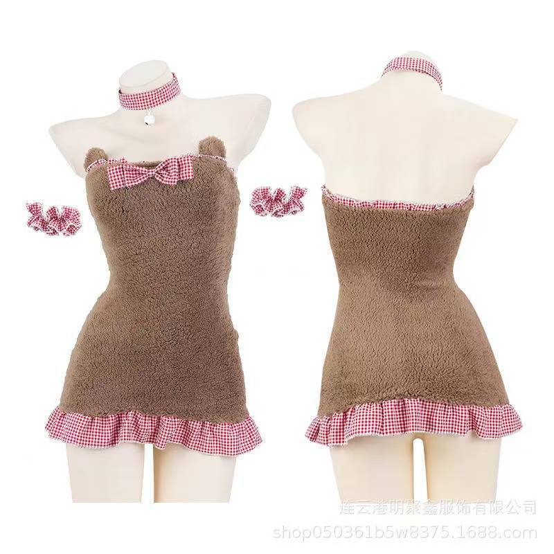 Plush Backless Maid Bear Nightdress with Bow and Hip Skirt, Sexy Polyester Pajama Costume — detail image 8