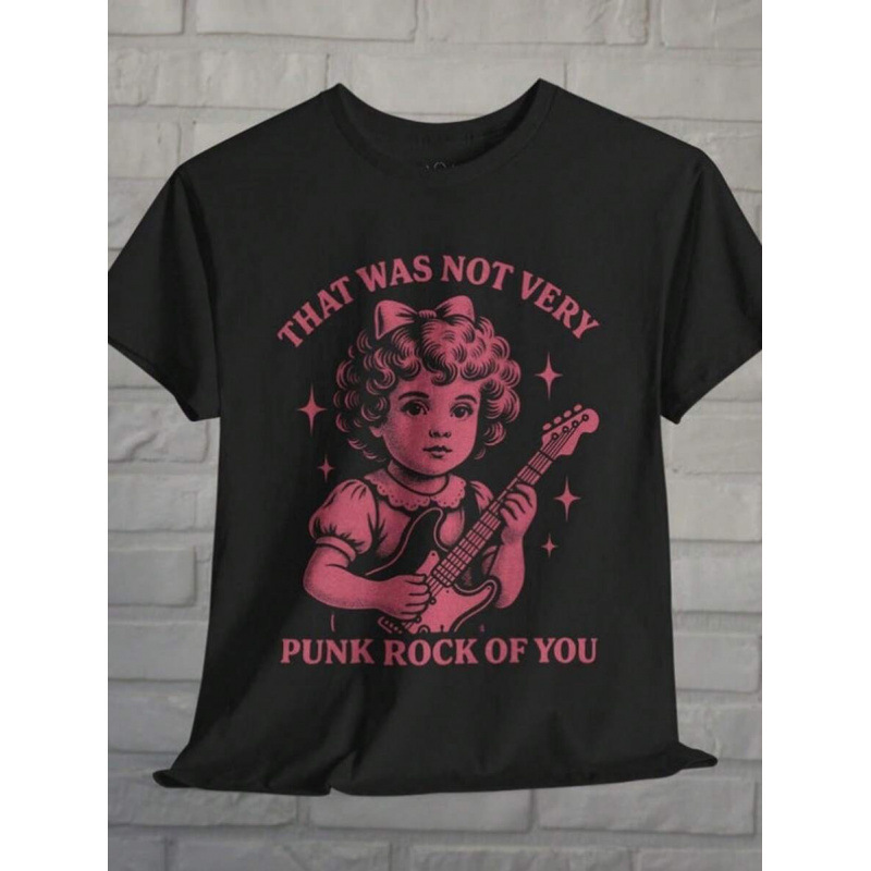 European Size Pure Cotton Funny Punk Rock Slogan Printed T-Shirt Cute Guitar Girl Loose Casual Short-Sleeved Shirt