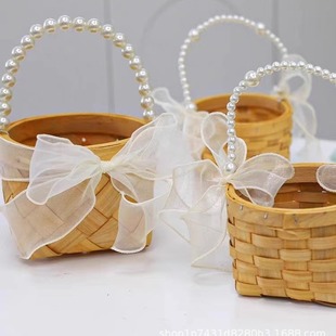 Flower Basket Weaving Round Bow Flower Basket Flower Girl Bow Portable Wedding Weaving Pearls