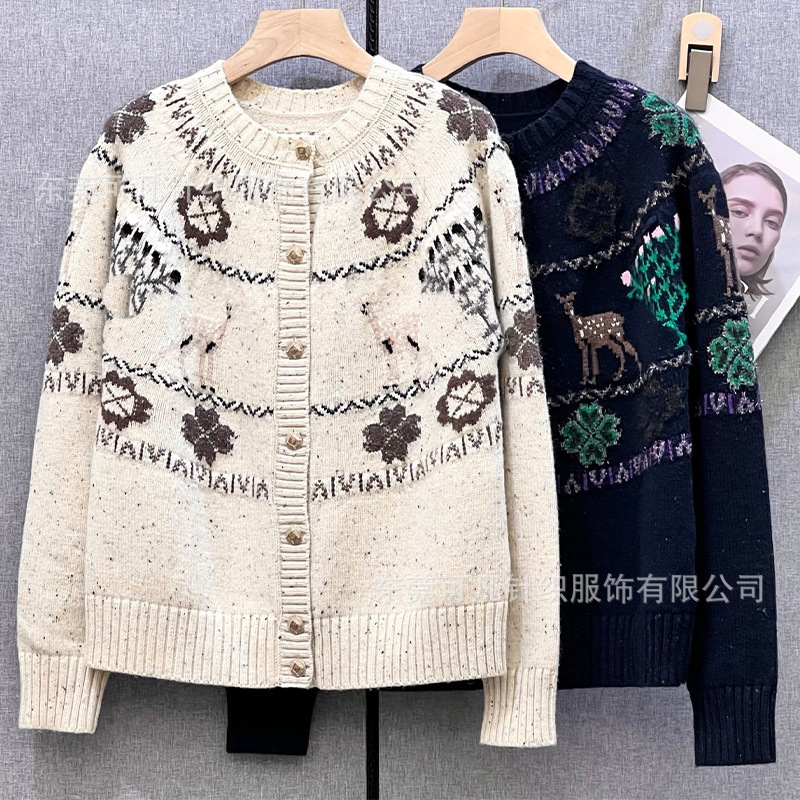 High-End Chanel-Style Ski Series Retro Deer Jacquard Knitwear Autumn and Winter New Lazy Soft Cardigan for Women
