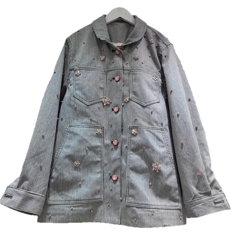 Flores de diamante de rayas chaqueta denim mujer otoño invierno 2025 nuevo estilo coreano suelto chaqueta de textura casual