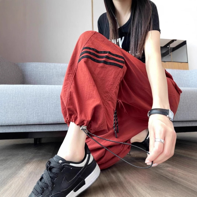 American-Style Versatile Cargo Pants for Women, Summer Drawstring Jogger Two-Way Wear, Straight-Leg Slimming High-Waisted Wide-Leg Striped Pants