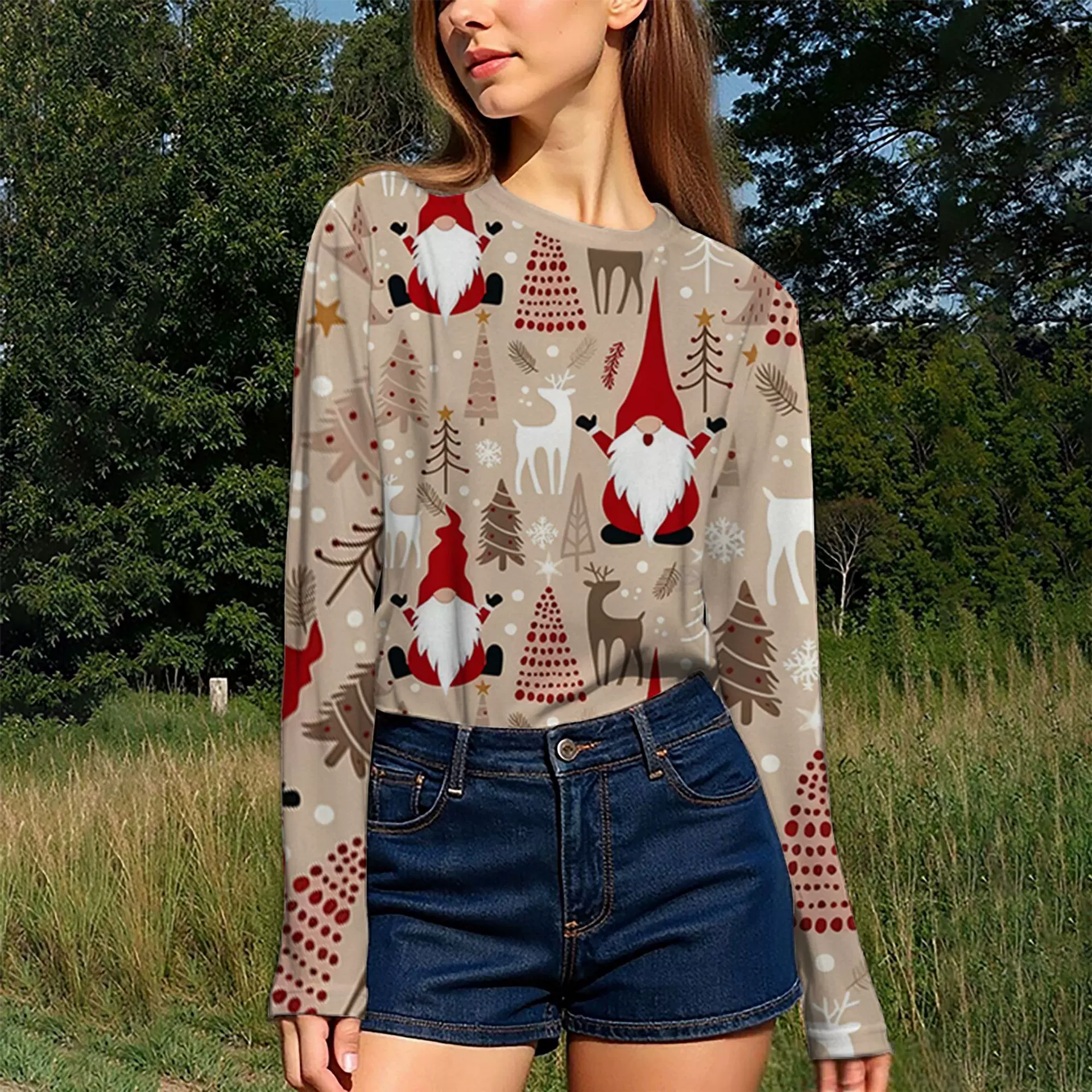 2025欧美爆款圣诞节印花女士打底t恤衫休闲时尚定制长袖圆领T恤女