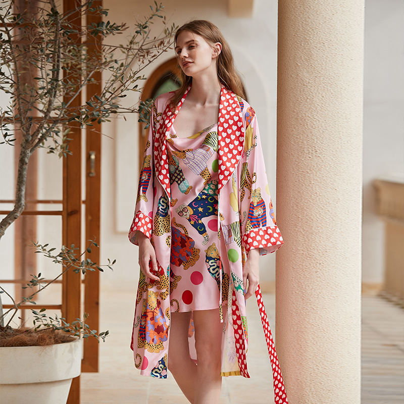 [Dressing Leopard] Sexy Pajamas Nightgown Summer Suspender Nightgown Two-Piece Set Ice Silk High-Quality Spring and Autumn Home Clothes