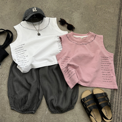 2024 Summer Loose American Letter Tank Top for Boys and Girls, Bright Color Round Neck Trendy Cool No Sleeve Linen Cotton T-Shirt