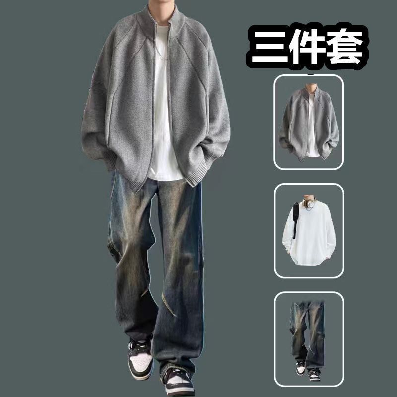男装感穿搭套装针织开衫男士秋冬季美式复古毛衣拉链设计外套|undefined
