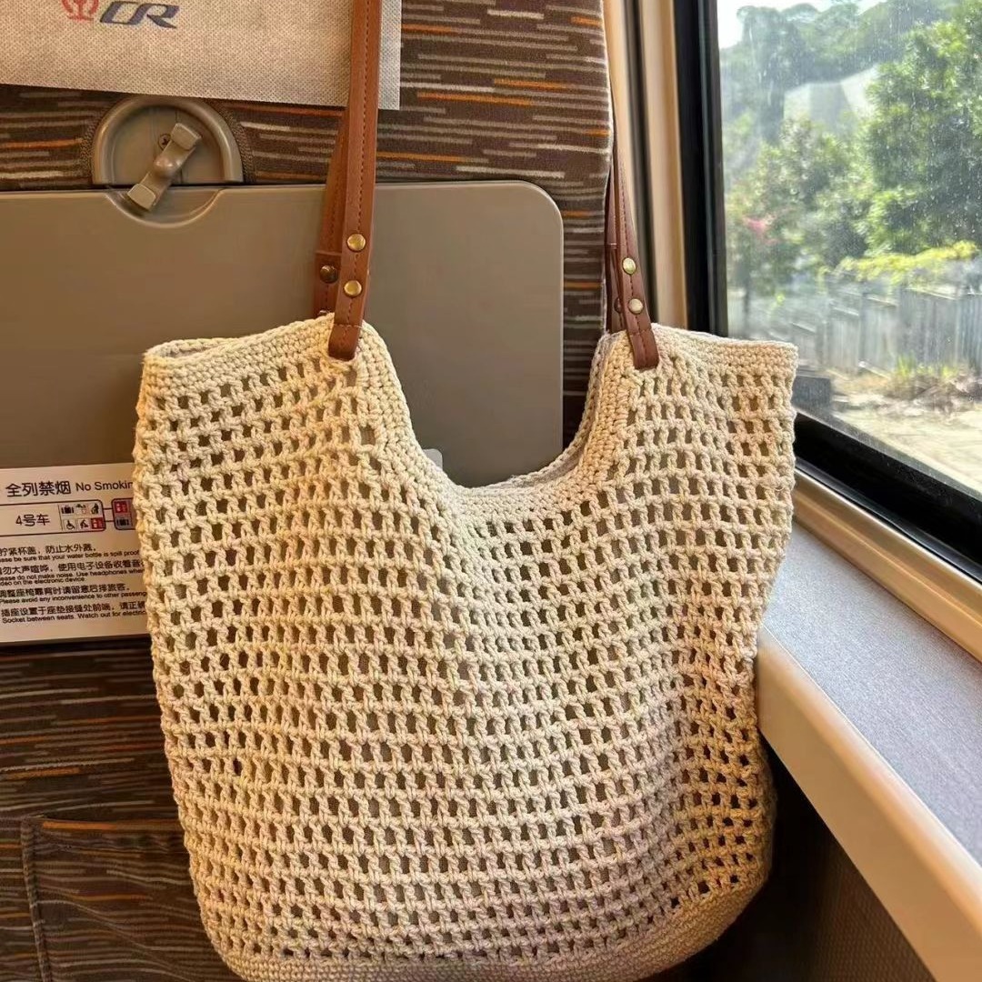 Korean Chic Niche Vintage Casual Tote Bag Hand-woven Cotton Bag Large Capacity Mesh Hollow Shoulder Bag