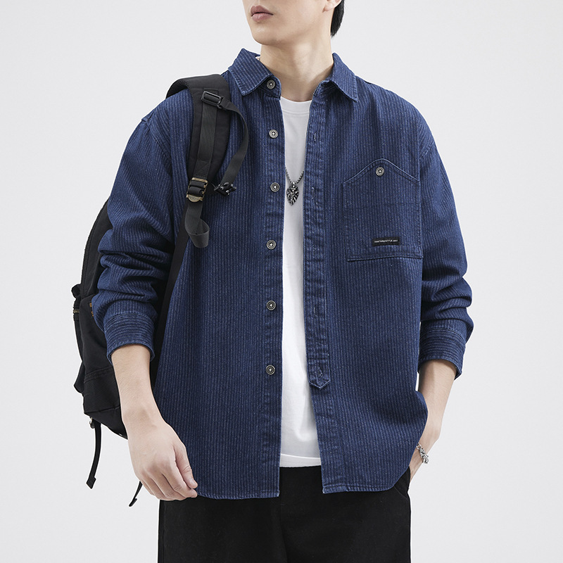 Autumn and Winter Long-sleeved Blue Stripe Style Shirt Men's Loose Fashionable Brand ins Large Size Men's Overalls Shirt Jacket