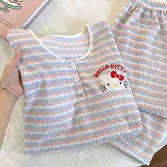 2025新款kitty猫纯棉带胸垫睡衣女春秋季条纹长袖家居服夏天套装