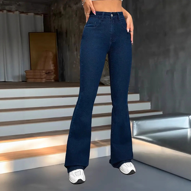 跨境JEANS牛仔裤女工艺弹力深蓝百搭简约喇叭修身2025显瘦独立站|undefined