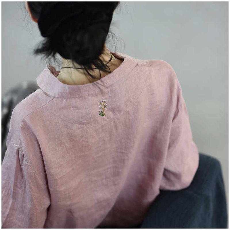 New Spring & Fall Washed Linen Long-Sleeved Shirt Shirt Artistic Lapel Buttoned Loose Casual Top for Women