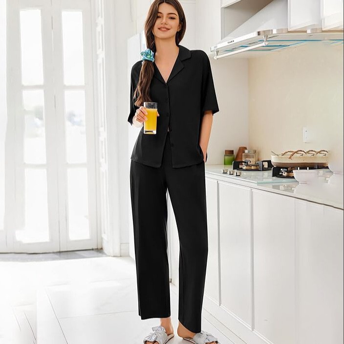 Cross-Border Popular Women's Loose-Fitting Pajama Set with Buttoned Lapel, Short-Sleeved Pajamas, Soft and Comfortable Long Pants Loungewear Cross-Border Popular Women's Loose-Fitting Pajama Set with Buttoned Lapel, Short-Sleeved Pajamas, Soft and Comfortable Long Pants Loungewear
