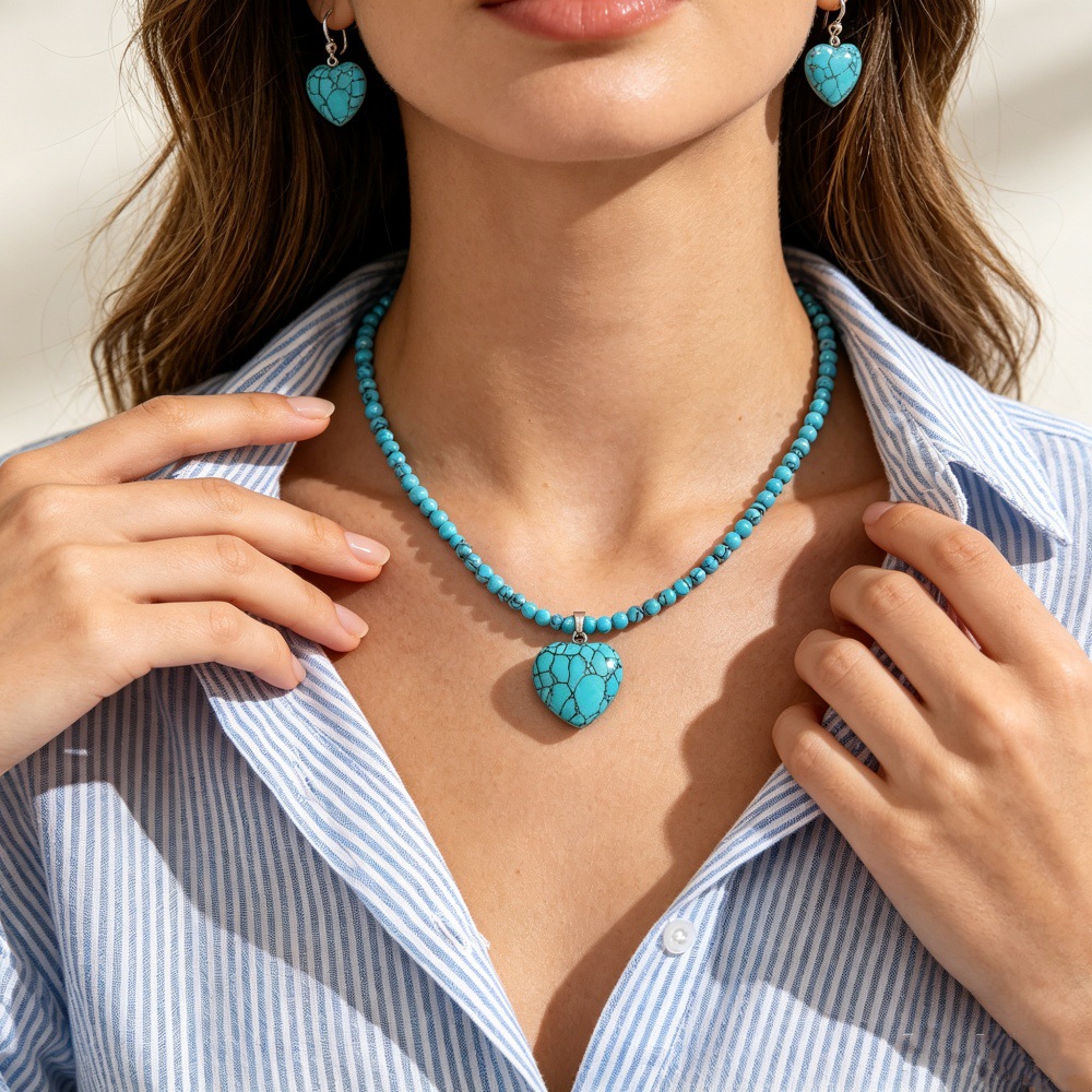TEMU Bohemian Style Turquoise and Lapis Lazuli Heart Pendant Handmade Beaded Necklace and Earring Set for Women