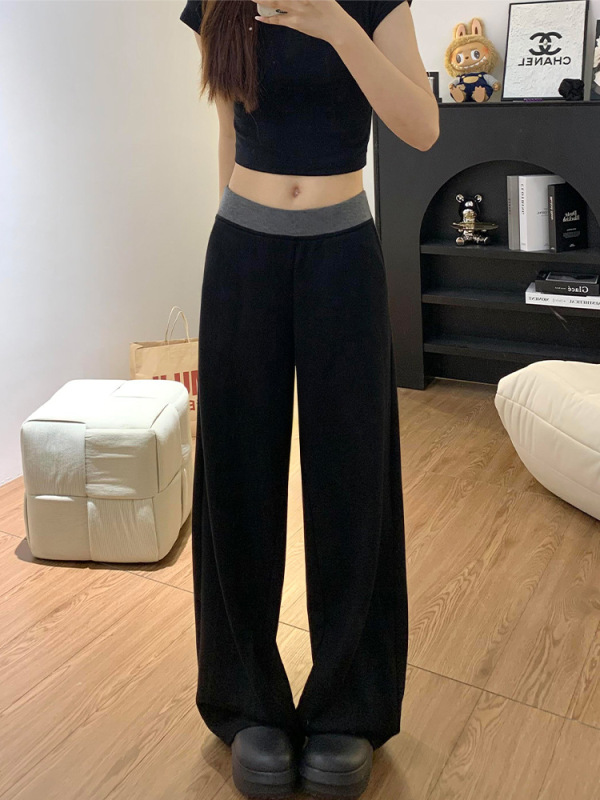 黑色拼接休闲运动裤女秋季2025新款高腰宽松显瘦直筒阔腿拖地裤子|undefined