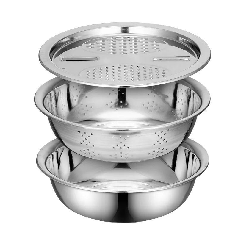 Rallador multifuncional de acero inoxidable Cuenca del conjunto de tres piezas cocina doméstica tamiz de lavado de arroz cuenca de drenaje Recipiente de huevo entrega de regalo
