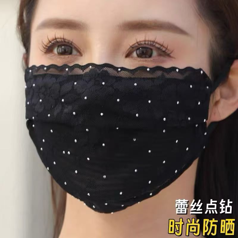 French-Style Lace Rhinestone Mesh Sunscreen Mask, Fashionable and Versatile, Breathable Face Mask for Women, Rose Design, Washable, Trendy