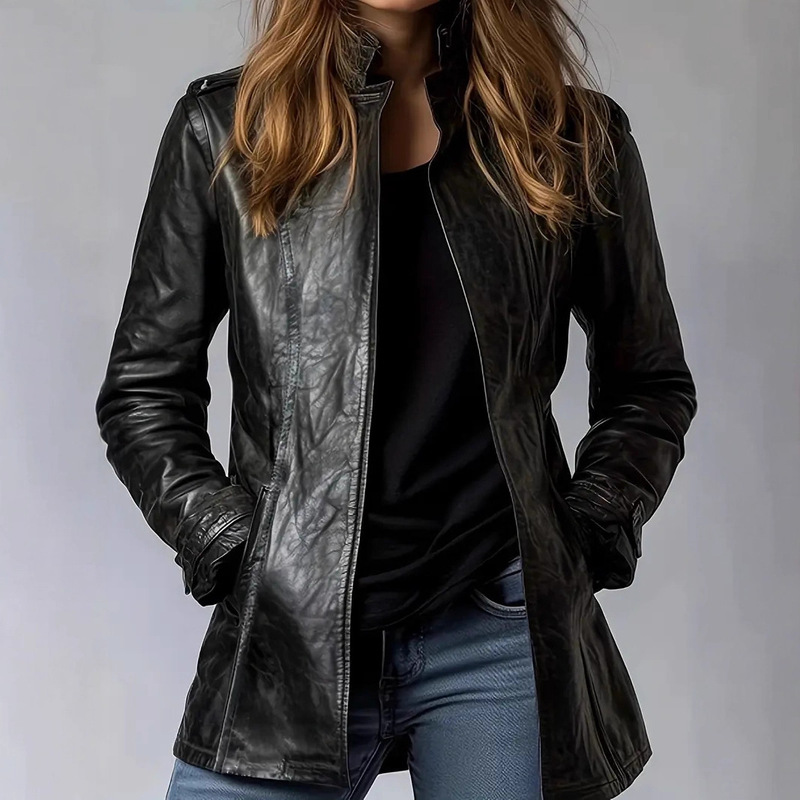 In-Stock Cross-Border Aliexpress Amazon European and American Style Mid-Length Leather Jacket Women's Stand Collar Biker Cardigan Leather Jacket In-Stock Cross-Border Aliexpress Amazon European and American Style Mid-Length Leather Jacket Women's Stand Collar Biker Cardigan Leather Jacket