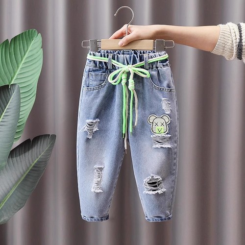 Boys' denim pants, smiling casual trousers, children's spring and autumn trousers, baby spring and autumn outer wear for children