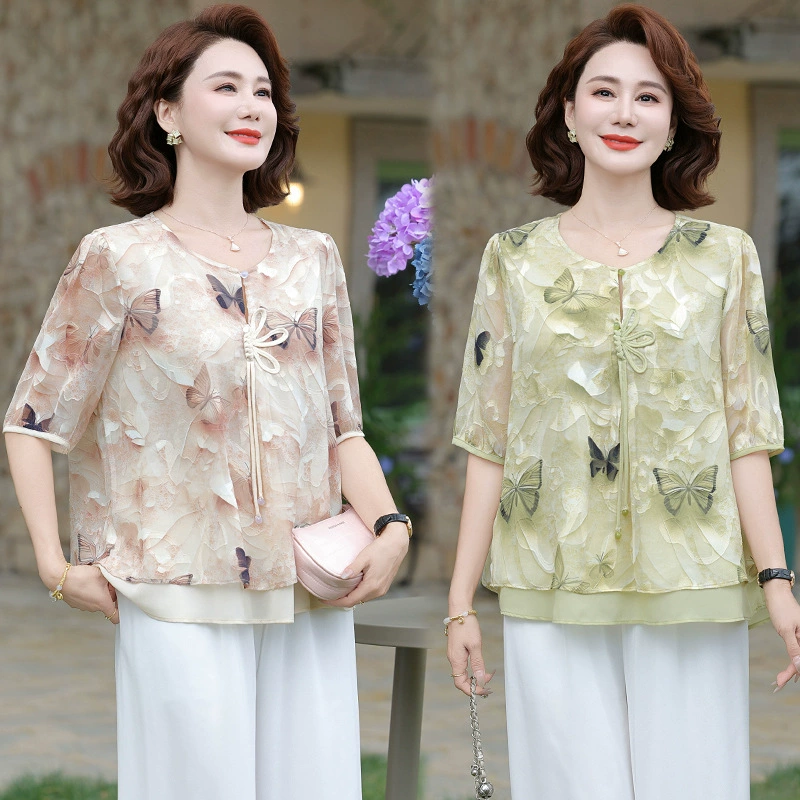 Модная рубашка с короткими рукавами для мамы, летние топы для женщин среднего и пожилого возраста, новая рубашка с принтом в китайском стиле, новая свободная рубашка для среднего и пожилого возраста