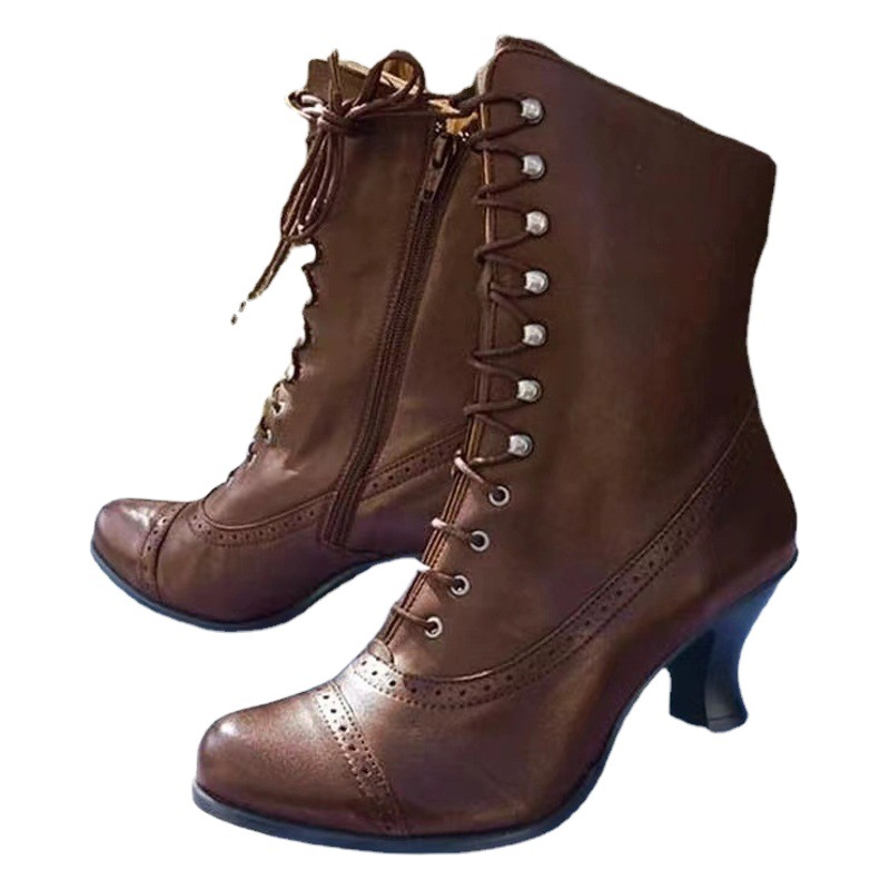 2024 foreign trade European station high heel plus size women's British Style Martin boots thick heel short boots mid-calf motorcycle boots women's boots