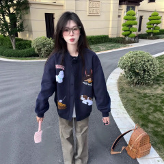 趣味卡通毛巾绣开衫卫衣女秋季韩系慵懒风宽松BF棒球服休闲外套潮