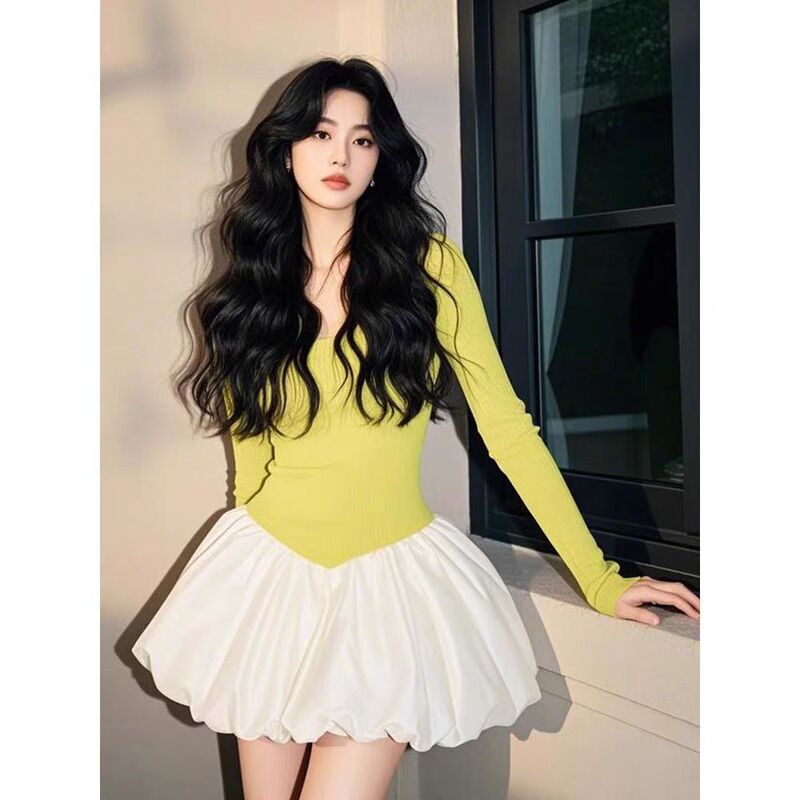 Spring New Style Cool Style Unique and Chic French Style Rich Family Style Miu Style Yellow Green Stitching dress Women