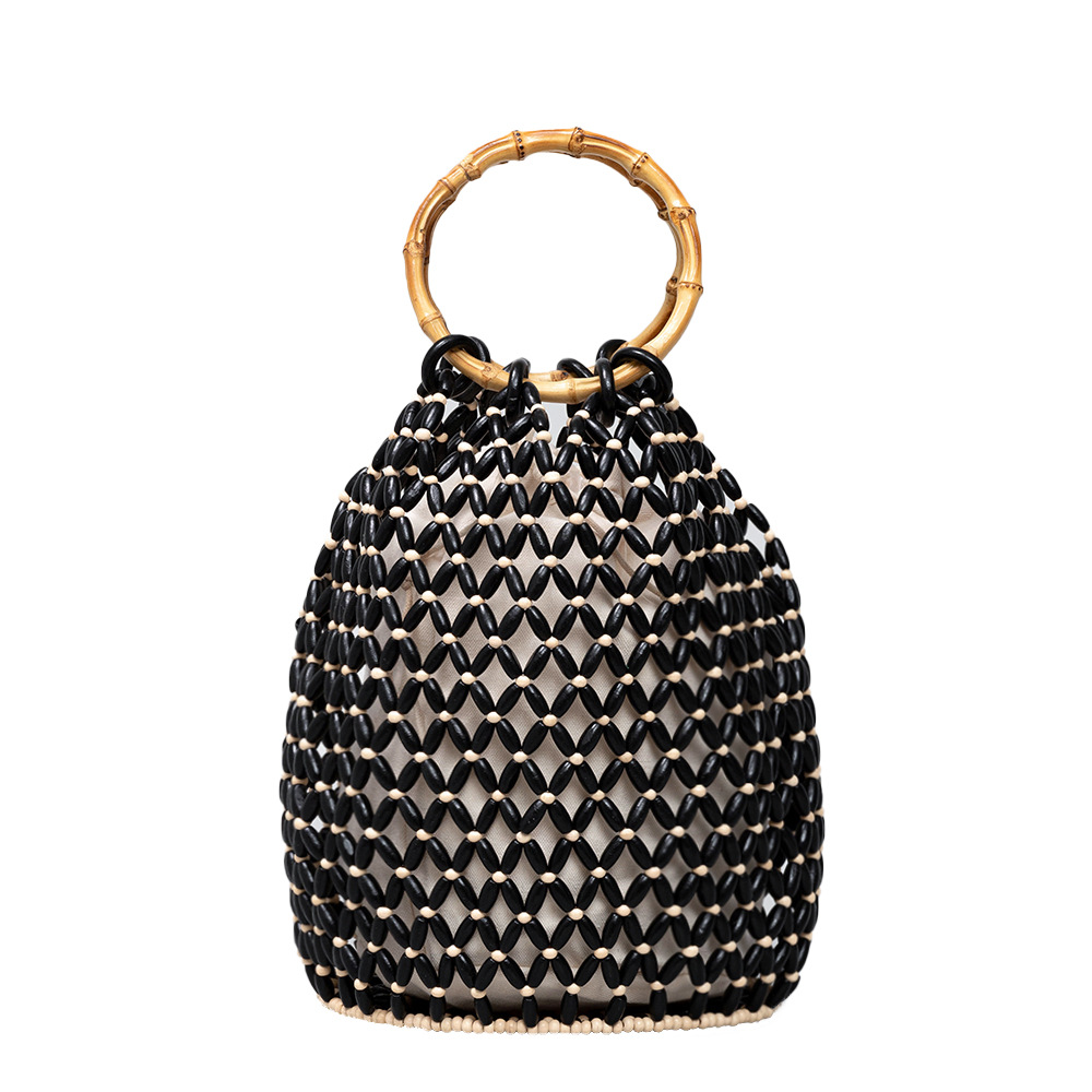 OLEI Large Capacity Wooden Bead Bucket Bag, Beach Vacation Travel Bamboo Handbag, Women's Hand-Woven Bag - Thumbnail 5